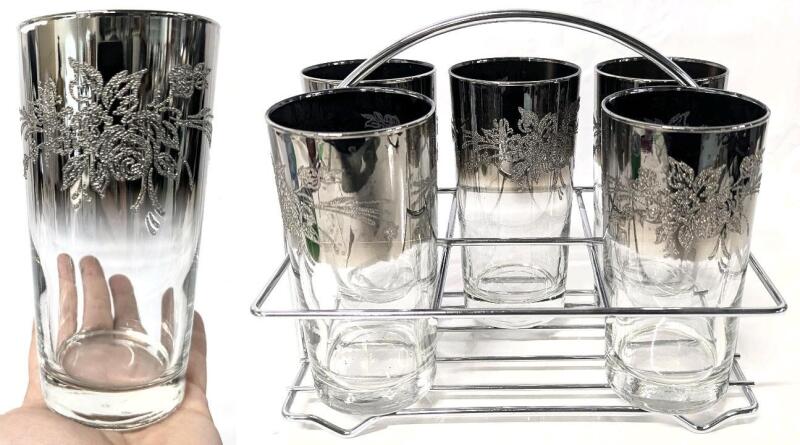 Vintage Mid Century Modern Unsigned Dorothy Thorpe Queens Lusterware Silver Fade Rim Rose Tumblers &times; 5 in Metal Caddy