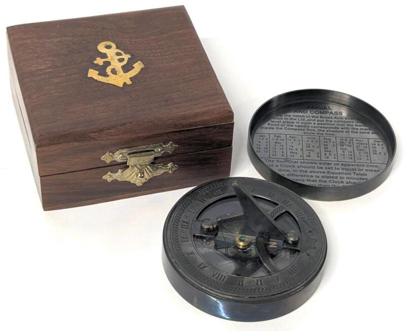 New 2.5" Gunmetal Finish Combination Sundial & Compass in Wooden Box With Inlaid Brass Anchor