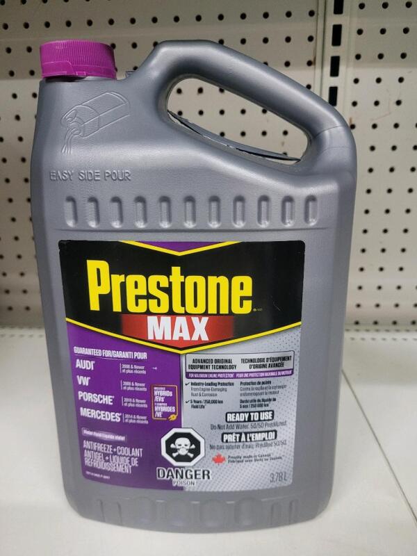 New - Prestone Max 50/50 Antifreeze+Coolant . 3.78L Bottle . Audi , VW , Porsche , Mercedes