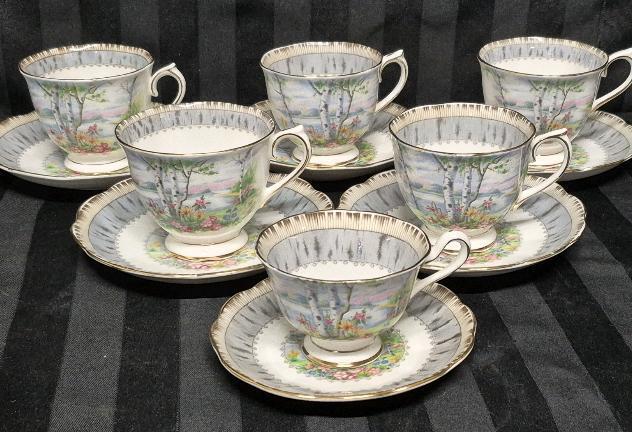 6 Vintage Royal Albert Silver Birch TEACUPS & Saucers - 1 Demitasse Cup