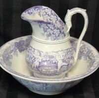 Beautiful Vintage/Antique Grigny France Pottery Pitcher 7.25" & Wash Basin 10" Diameter - Lavender