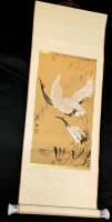 Gorgeous Vintage Handpainted Wall Scroll With Japanese Cranes & Porcelain Bottom Ends, 16.5" &times; 36.5"