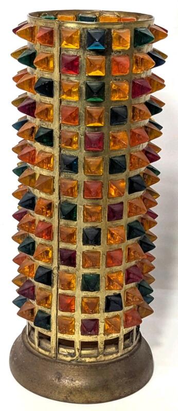 Vintage 1970s Brass & Coloured Spike Candle Holder / Lantern, 11" Tall, One Spike Loose