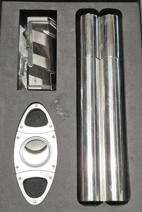 Cigar Gift Box Set : Cigar case/flask 7.15" Long, cigar cutter & Lighter