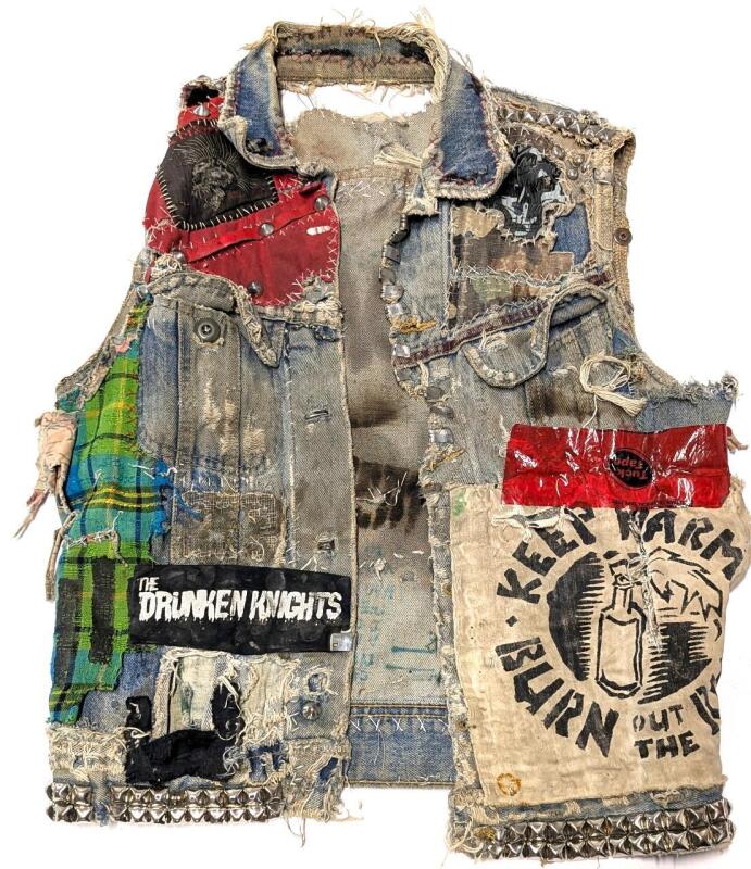 WOW! Approx Men's Size SM Vintage Punk Battle Vest, Patchwork Cobbled-Together Finery With Studs, Spikes, Patches, Chains, Writing + More!