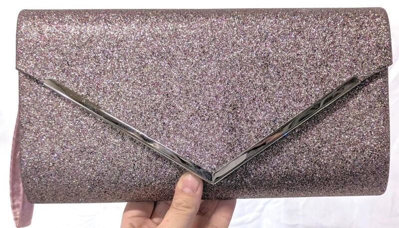 New Large Metallic Pink Glitter Purse Clutch With Wrist Loop, 11" &times; 5.75"