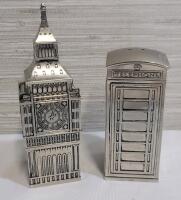 Godinger Silver Art Co. Ltd. Big Ben & Telephone Box Salt & Pepper Shaker Set . Measures 3 &frac14;" and 4 &frac14;" tall .