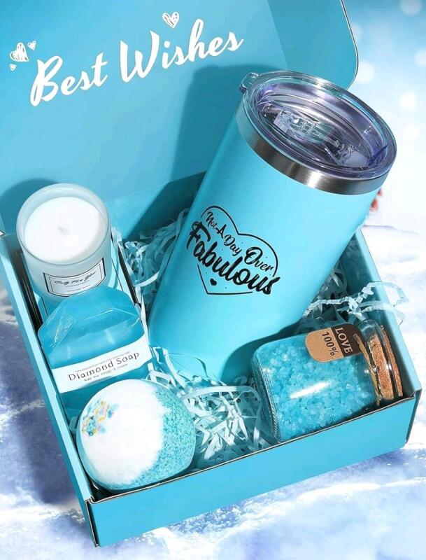New Luxury Self-Care Surprise Gift Set, 20 oz Stainless Steel Insulated Travel Tumbler "Not A Day Over Fabulous", Lavender-Scented Candle, Handmade Diamond Soap, Bath Bomb + Bath Salts