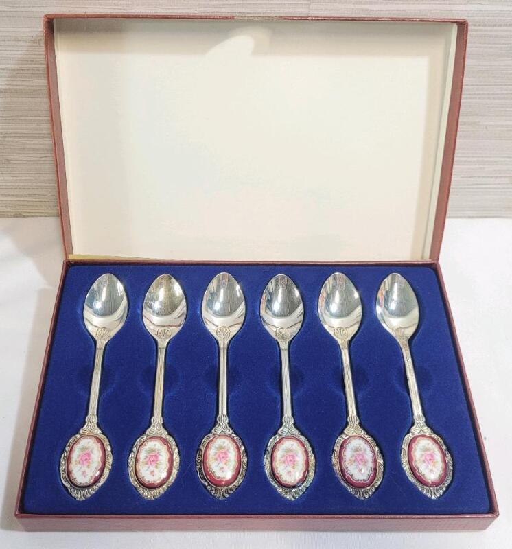 Vintage Pegasus Porcelain Rose Spoons - Silver Plate Tea Set in Box , Set of 6 .