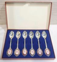 Vintage Pegasus Porcelain Rose Spoons - Silver Plate Tea Set in Box , Set of 6 .
