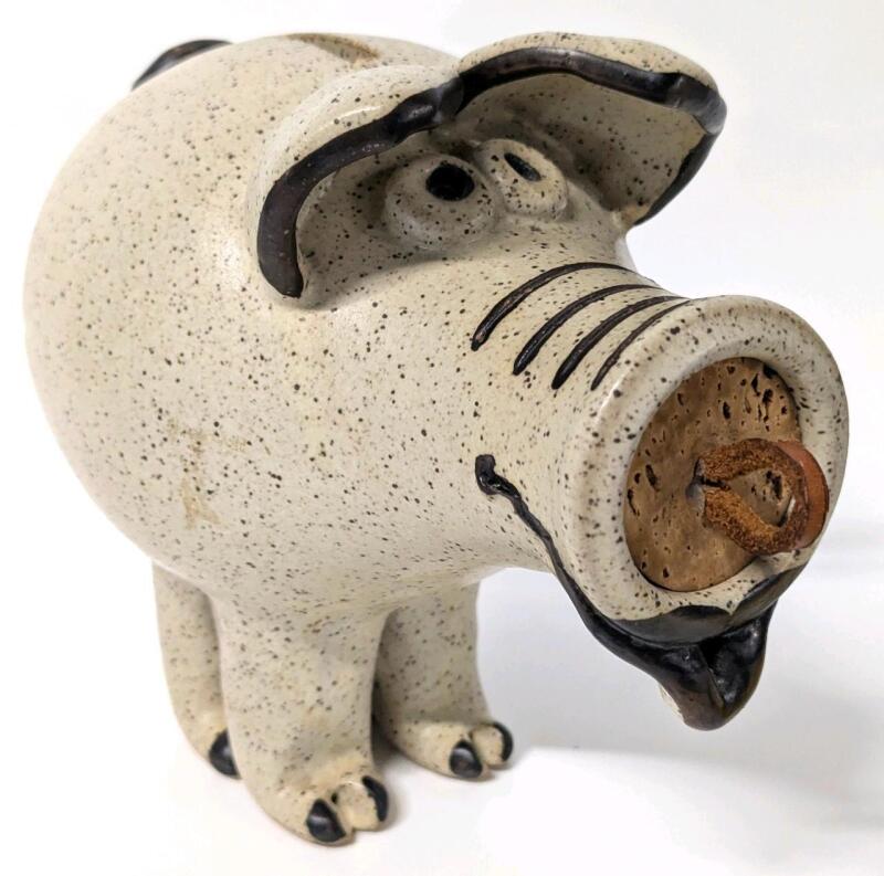 Vintage 1995 Signed WIZARD OF CLAY Stoneware Piggy Bank With Cork Stopper, 6.5" Tall, No Chips or Cracks