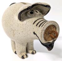 Vintage 1995 Signed WIZARD OF CLAY Stoneware Piggy Bank With Cork Stopper, 6.5" Tall, No Chips or Cracks