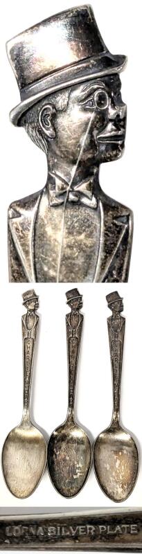 3 Vintage CHARLEY MCCARTHY by Lorna Silver Plate Collectable Spoons, 6" Long Each