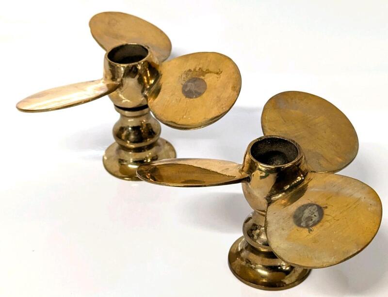 Ahoy! Vintage Pair of Brass Propeller Candlestick Holders, 2.5" Tall Each