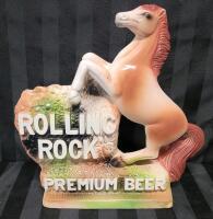 Vintage Rolling Rock Premium Beer Chalkware Barback Display Horse Statue . Measures 10.5"&times;11"&times;2 ⅜" . Minor chips to base and ear .