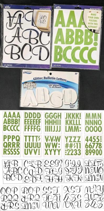 3 New Packs of Alphabet Stickers + Bulletin Letters : Font: Futura Regular, Script & Block Glitter, Letters 2.75" Tall, 35, 121 & 145 Pieces Per Pack