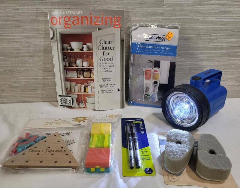 New Home Accessories Lot . Flashlight (working) , Small Games , Felt Tip Pens , Bathroom Organizer , Martha Stewart Organizer Magazine & Scrub Brushes