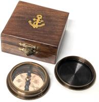 New Brass Compass With Screw-On Lid in Wooden Gift Box, Compass 2 ⅜" in Diameter
