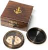 New Brass Compass With Screw-On Lid in Wooden Gift Box, Compass 2 ⅜" in Diameter