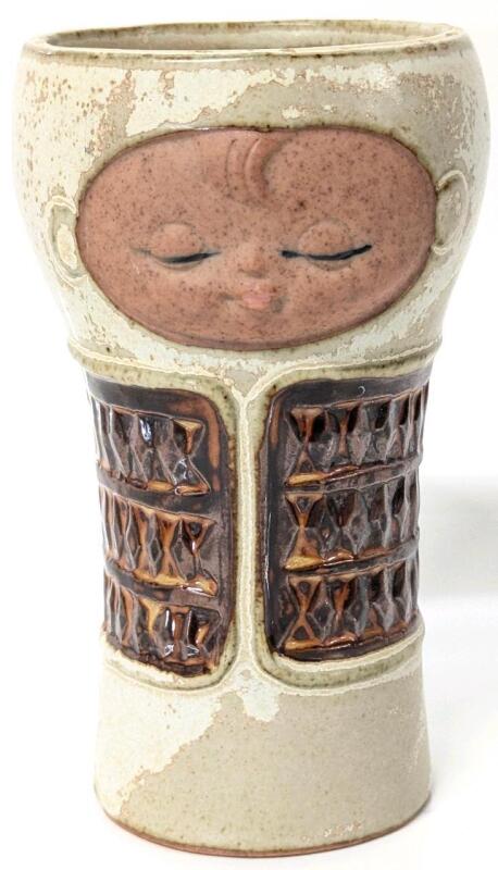Vintage MCM UCTCI Japan Baby Face Brown Taupe Pottery Tumbler / Vase, 5" No Chips or Cracks