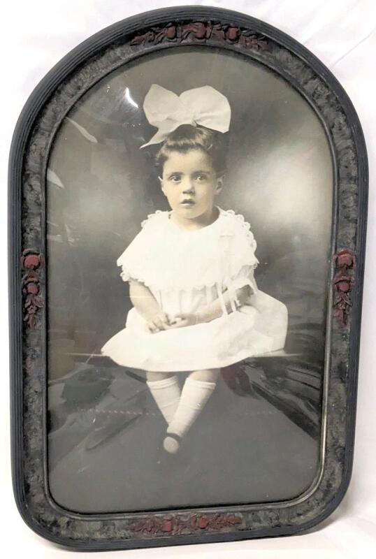 Antique Early 1920s Sitting Portrait of Young Girl (Anna Simpson, Hamilton, b.1919) With Large Bow, In Convex Glass Frame, 11.75" &times; 17.8"