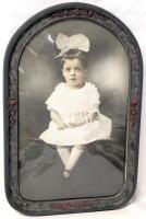 Antique Early 1920s Sitting Portrait of Young Girl (Anna Simpson, Hamilton, b.1919) With Large Bow, In Convex Glass Frame, 11.75" &times; 17.8"