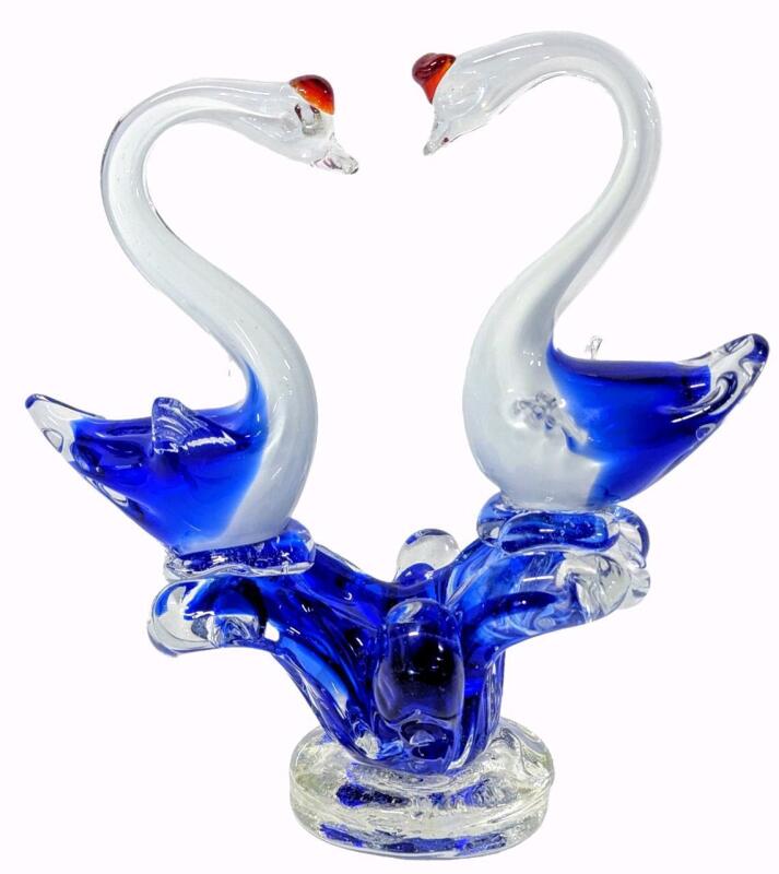 Gorgeous Murano-Style Art Glass Swan Couple on Waterspout Figure, 8.75" Tall, No Chips or Cracks