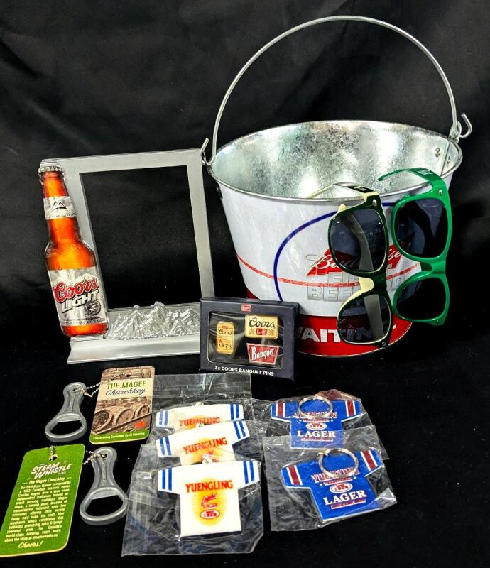 New BEER Collectables: Coors Table-Sitter, Budweiser Beer Pail, Pabst & Moosehead Sunglasses, 3-Pack Coors Banquet Pins, 2&times; Metal Retro Steam Whistle Bottle Openers, 5&times; Yuengling Lager Keychains, Up To 8.25" Tall