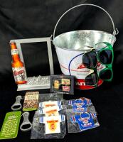 New BEER Collectables: Coors Table-Sitter, Budweiser Beer Pail, Pabst & Moosehead Sunglasses, 3-Pack Coors Banquet Pins, 2&times; Metal Retro Steam Whistle Bottle Openers, 5&times; Yuengling Lager Keychains, Up To 8.25" Tall