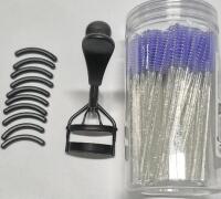 100 New Mascara Wands & New Eyelash Curler with 10 Silicone Replacement Pads.