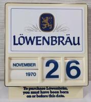 Vintage L&ouml;wenbr&auml;u "Born Before This Date" Revolving Calendar Bar Sign . Measures 7 ⅞"&times;9 &frac14;"&times;1"