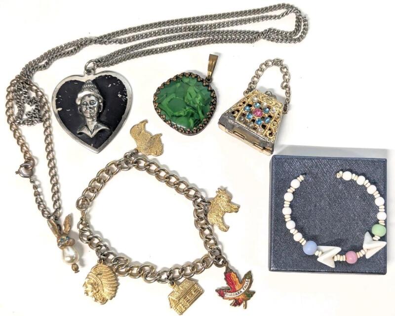 Adorable Vintage Jelly Belly Bunny Child's Charm Bracelet, Niagara Falls Souvenir Charm Bracelet, Shell Baby Bracelet, Thai Necklace, Green Glass Pendant, Tiny Purse Clutch, Up To 24" Long