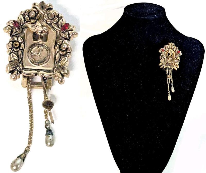 Signed Vintage Pegasus CORO Jeweled Fur Clip Cuckoo Clock Brooch, 3.75" Long, Missing 1 Stone, 2 Faux Pearls