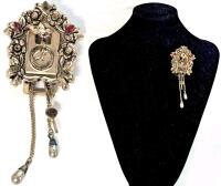 Signed Vintage Pegasus CORO Jeweled Fur Clip Cuckoo Clock Brooch, 3.75" Long, Missing 1 Stone, 2 Faux Pearls