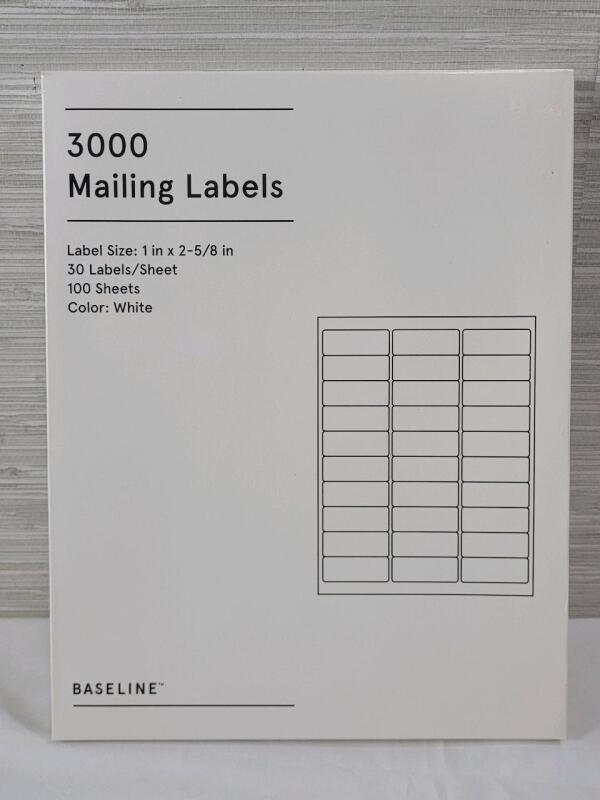 New , Sealed - Baseline White Mailing Labels . 100 Sheets , 30 Labels Per Sheet . Measures 1"&times;2 ⅝" each - 3000 Labels Total