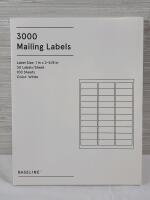 New , Sealed - Baseline White Mailing Labels . 100 Sheets , 30 Labels Per Sheet . Measures 1"&times;2 ⅝" each - 3000 Labels Total