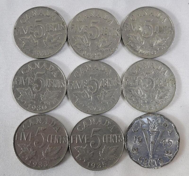 1922 - 1945 Canadian Five Cent Nickels , Nine (9) Coins . 1922 , 1929 , 1930 &times;2 , 1931 , 1932 , 1933 , 1935 & 1945