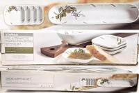 New STOKES 5-Piece Porcelain Bread Dippomh Set, Olive Pattern, 4 Dipping Bowls + Bread Boat, Box 18.75" Long