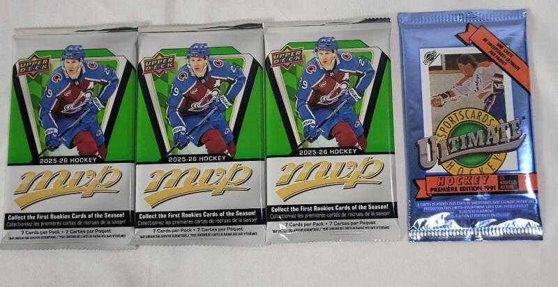 2025-26 Upper Deck MVP NHL Hockey Sealed Trading Card Wax Packs &times;3 & 1991 Ultimate Hockey Sealed Trading Card Wax Pack &times;1