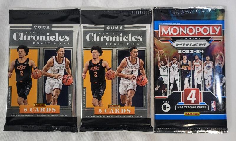 2021 Panini Chronicles NBA Basketball Sealed Trading Card Wax Packs &times;2 & 2023-24 Panini Monopoly Prizm NBA Basketball Sealed Trading Card Wax Pack &times;1