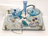 Vintage to Modern Ladies' Lot : 3 Rings (Sz 7-8), 30" AB Crystal Bead Necklace, Earrings. Brooches, Ring Holder, Perfume Atomizer, Premier Cuticle Therapy 20ml + Mirrored Tray
