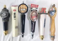 Six (6) Beer Taps . Waterloo Dark , Okanagan Spring , Thornbury , Mill St. Brewery & Rickard's . Measures 10 &frac14;" - 12.5" tall . Wear from use .