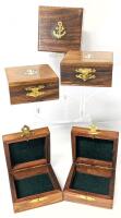 5 New Lined Wooden Jewelry / Keepsake Boxes With Inlaid Brass Anchor, Each Measures 3 &frac14;" &times; 3 &frac14;" &times; 1 ⅝", Wood Grain Patterns & Lock Styles May Vary