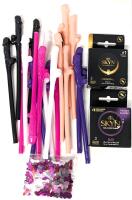 [Adults Only] 20 New Plastic Dick 'N Balls Straws, Pouch of Penis Glitter / Table Scatter + 2 Sealed 3-Packs SKYN Condoms: Original & Elite, EXP 09/2026 - 05/2028