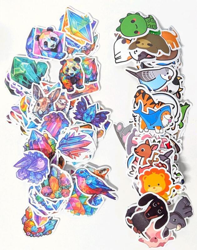 200 New Animal Stickers : Cute Cartoons & Crystals & Crystaline Critters, Around 2.5" Long
