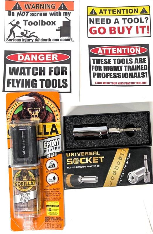 4 New Toolbox Sticker Decals (Up to 4" &times; 3"), Gorilla 5-Minute Epoxy & Universal Socket Multifunctional Adapter Set &frac14;"-3.4" / 7mm-19mm