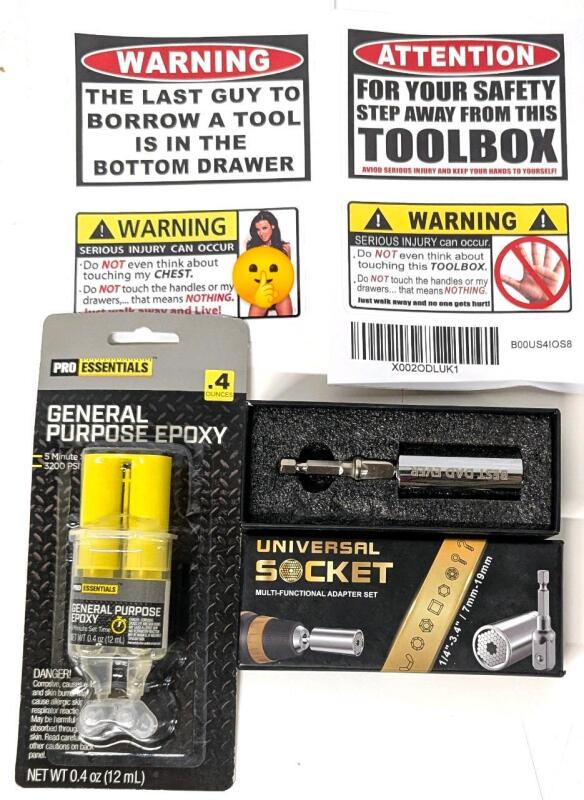4 New Toolbox Sticker Decals (Up to 4" &times; 3"), 5-Minute Epoxy & "Best Dad Ever" Universal Socket Multifunctional Adapter Set &frac14;"-3.4" / 7mm-19mm
