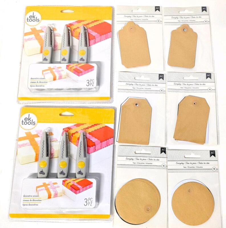 2 New 3-Piece EK TOOLS Decorative Scissor Sets & 6 Packs of 16 Acid-Free Archival Quality Paper Tags (Up To 3.75" Long)