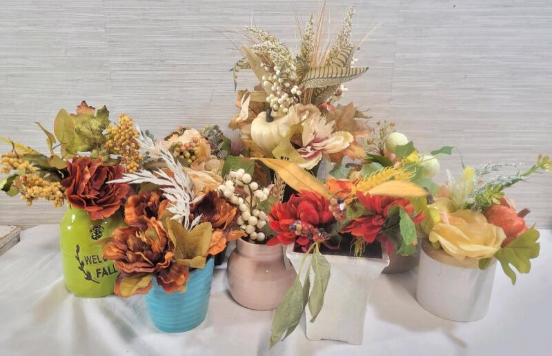 Eight (8) New Home Decor Faux Floral Potted Plants . Measures 8" - 16" tall