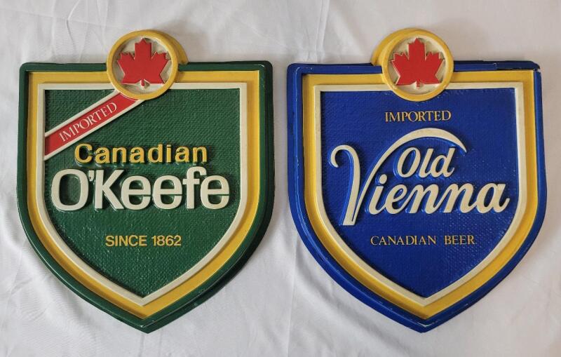 Vintage OV Old Vienna & Canadian O'Keefe Crest Beer Signs . Measures 11 &frac34;"&times;14" . Small crack top right corner OV sign .